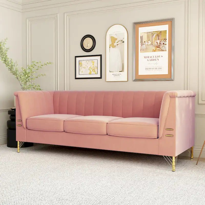 Contemporary Velvet Upholstered 3-Seat Sofa with Golden Metal Legs - Pink Living Room Couch (83.46" x 30.51" x 31.9") 5