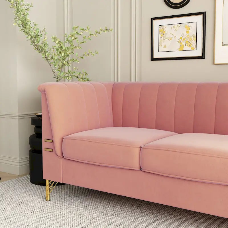 Contemporary Velvet Upholstered 3-Seat Sofa with Golden Metal Legs - Pink Living Room Couch (83.46" x 30.51" x 31.9") 6
