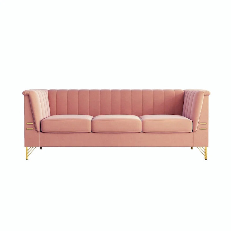 Contemporary Velvet Upholstered 3-Seat Sofa with Golden Metal Legs - Pink Living Room Couch (83.46" x 30.51" x 31.9") 8