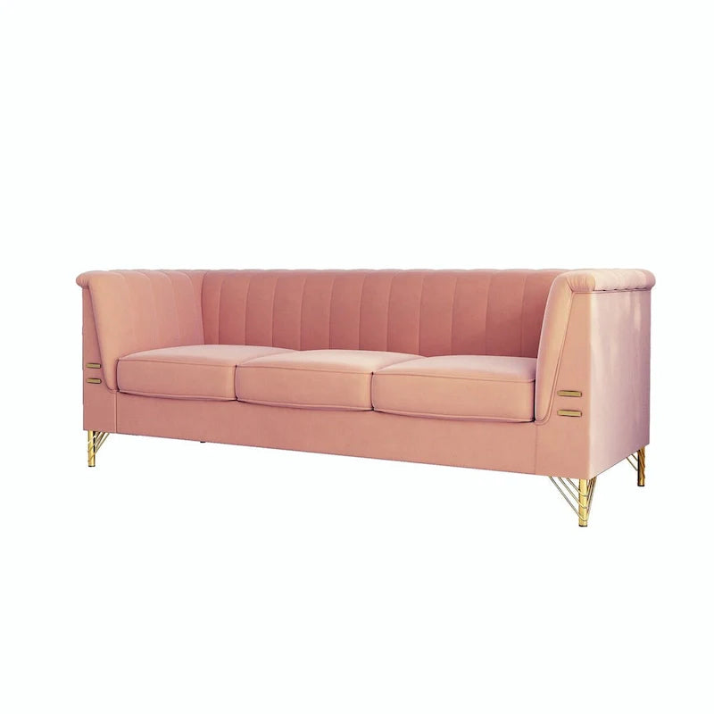 Contemporary Velvet Upholstered 3-Seat Sofa with Golden Metal Legs - Pink Living Room Couch (83.46" x 30.51" x 31.9") 10