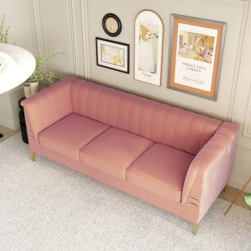 Contemporary Velvet Upholstered 3-Seat Sofa with Golden Metal Legs - Pink Living Room Couch (83.46" x 30.51" x 31.9") 11