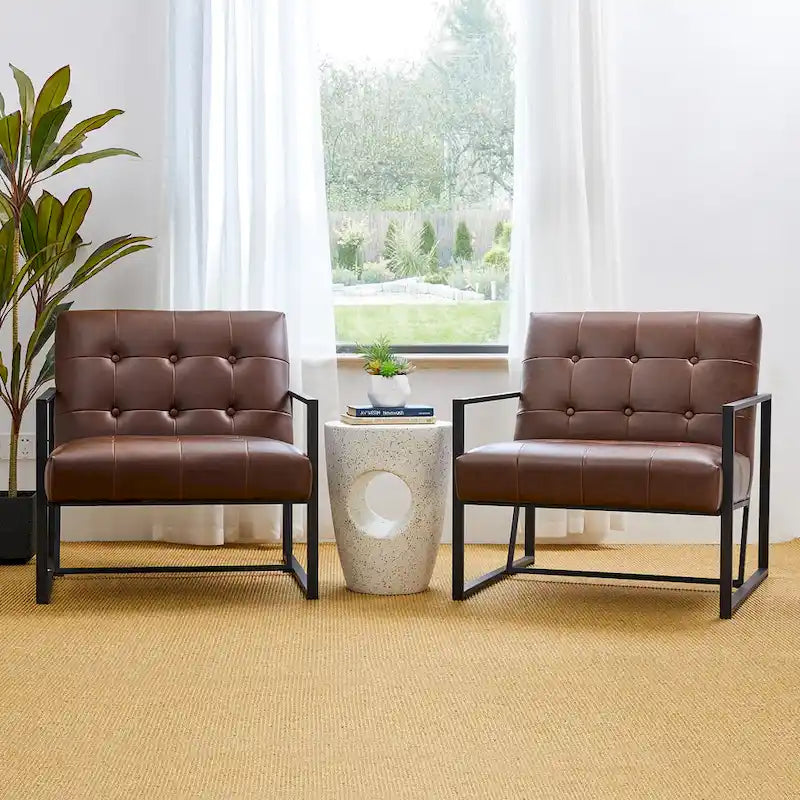 Glitzhome Set of 2 Mid-Century Tufted Accent Chairs in 29.25W PU Leather 3