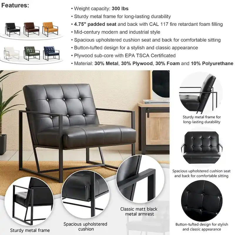 Glitzhome Set of 2 Mid-Century Tufted Accent Chairs in 29.25W PU Leather 9