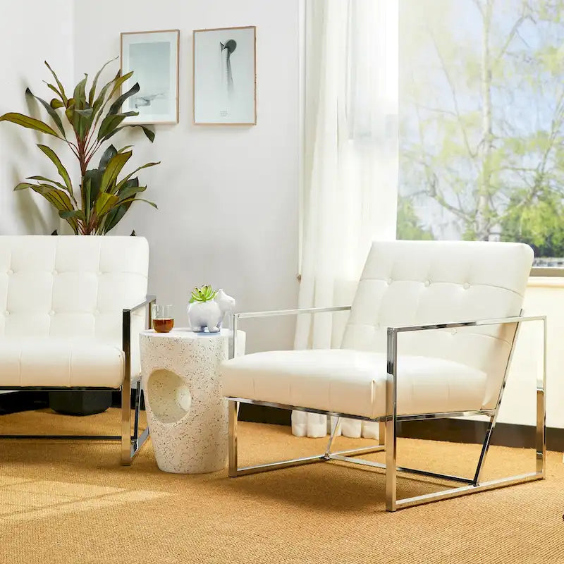 Glitzhome Set of 2 Mid-Century Tufted Accent Chairs in 29.25W PU Leather 26