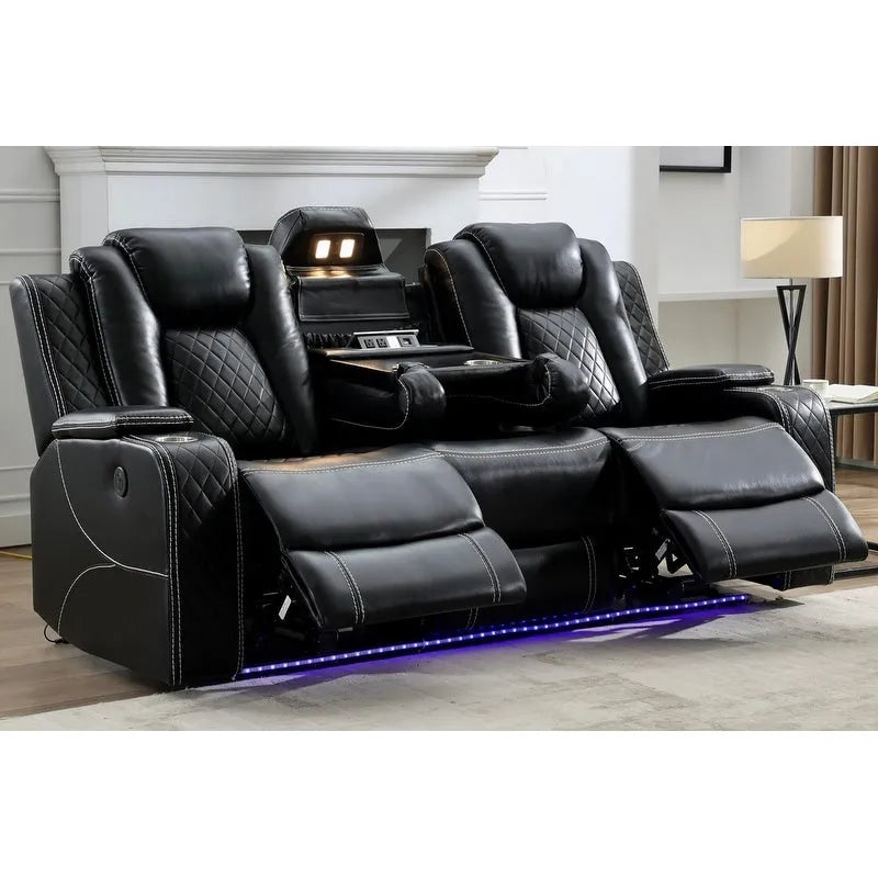 Black Power Reclining Sofa with Wireless Charger, Reading Light, Faux Leather, LED Lighting, AC/USB Ports, and Cup Holder for Living Room 36