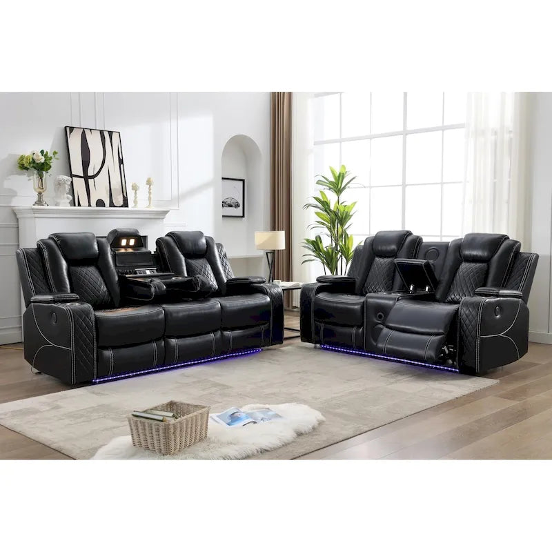 Black Power Reclining Sofa with Wireless Charger, Reading Light, Faux Leather, LED Lighting, AC/USB Ports, and Cup Holder for Living Room 37