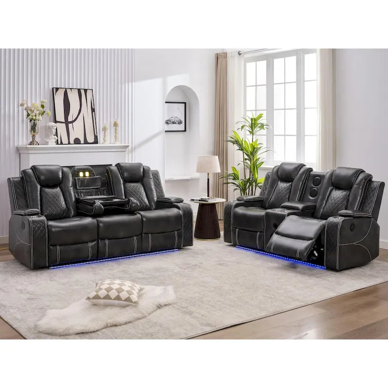 Black Power Reclining Sofa with Wireless Charger, Reading Light, Faux Leather, LED Lighting, AC/USB Ports, and Cup Holder for Living Room 38
