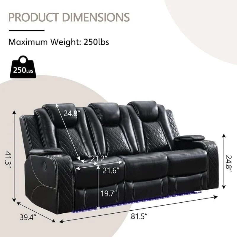 Black Power Reclining Sofa with Wireless Charger, Reading Light, Faux Leather, LED Lighting, AC/USB Ports, and Cup Holder for Living Room 2