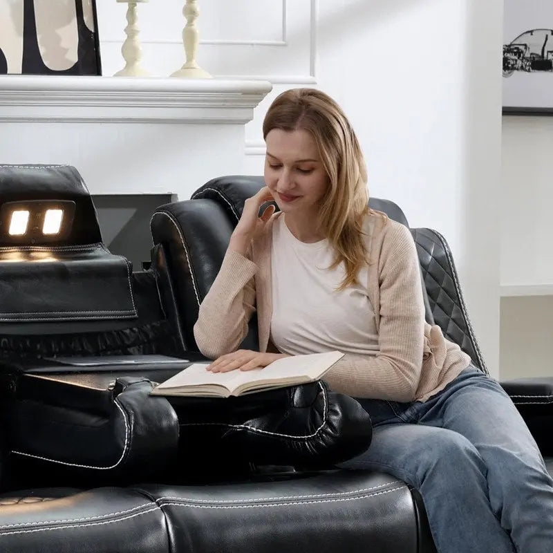 Black Power Reclining Sofa with Wireless Charger, Reading Light, Faux Leather, LED Lighting, AC/USB Ports, and Cup Holder for Living Room 3