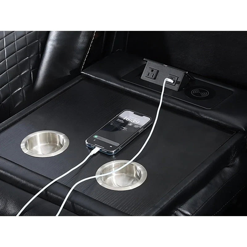 Black Power Reclining Sofa with Wireless Charger, Reading Light, Faux Leather, LED Lighting, AC/USB Ports, and Cup Holder for Living Room 4