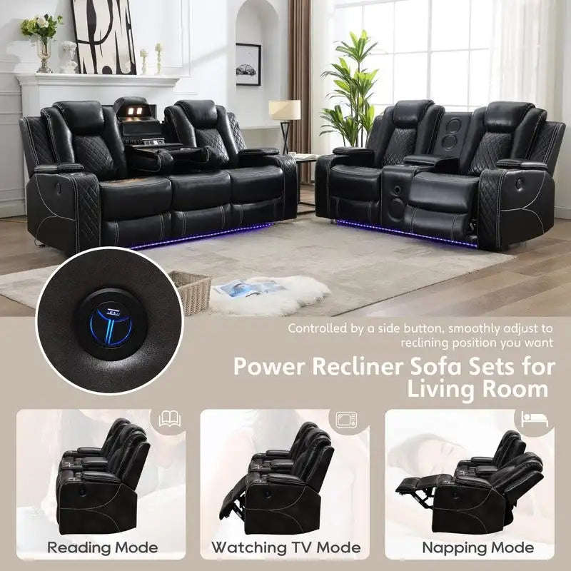 Black Power Reclining Sofa with Wireless Charger, Reading Light, Faux Leather, LED Lighting, AC/USB Ports, and Cup Holder for Living Room 5