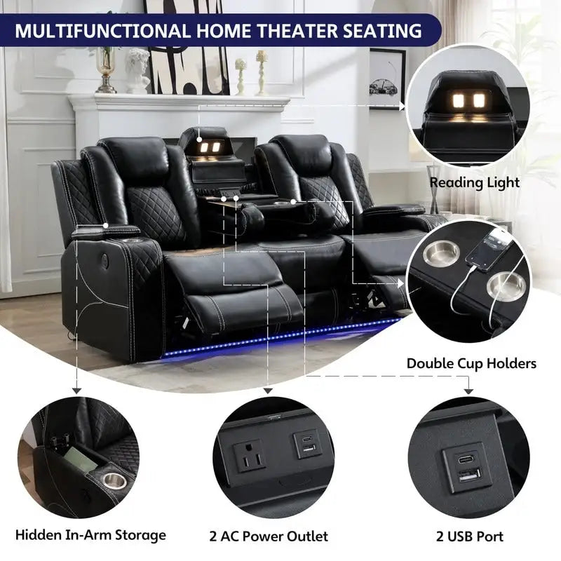 Black Power Reclining Sofa with Wireless Charger, Reading Light, Faux Leather, LED Lighting, AC/USB Ports, and Cup Holder for Living Room 6
