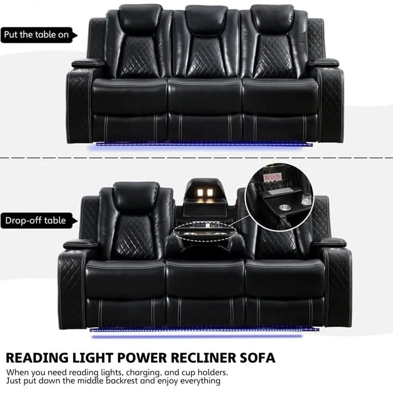 Black Power Reclining Sofa with Wireless Charger, Reading Light, Faux Leather, LED Lighting, AC/USB Ports, and Cup Holder for Living Room 7