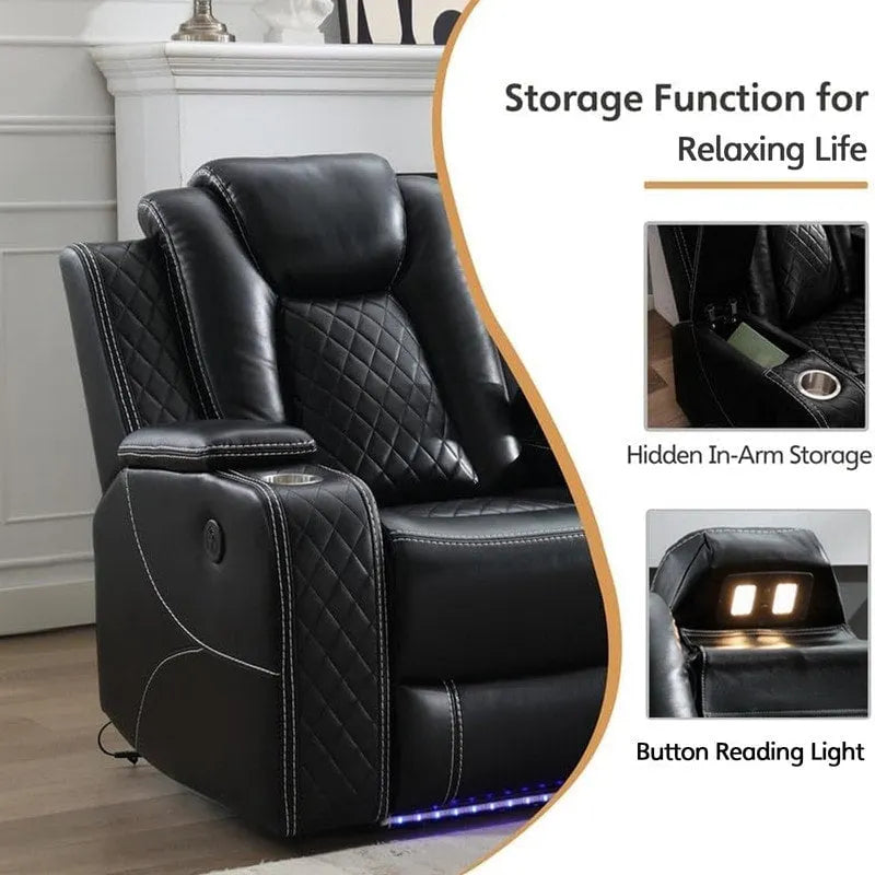 Black Power Reclining Sofa with Wireless Charger, Reading Light, Faux Leather, LED Lighting, AC/USB Ports, and Cup Holder for Living Room 8