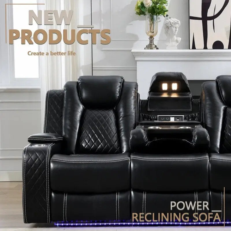 Black Power Reclining Sofa with Wireless Charger, Reading Light, Faux Leather, LED Lighting, AC/USB Ports, and Cup Holder for Living Room 9