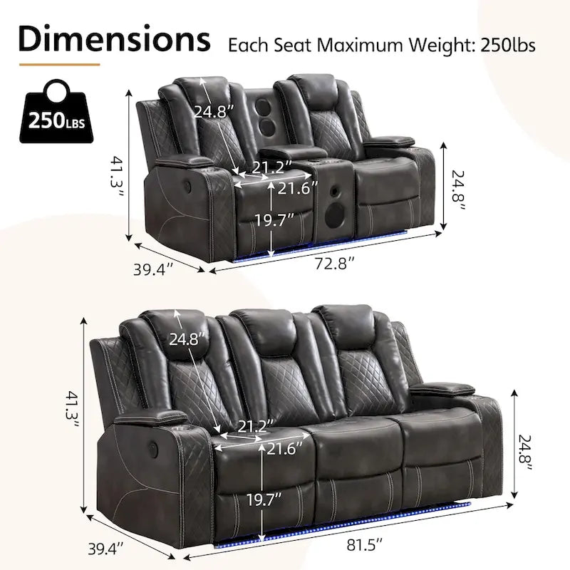 Black Power Reclining Sofa with Wireless Charger, Reading Light, Faux Leather, LED Lighting, AC/USB Ports, and Cup Holder for Living Room 11