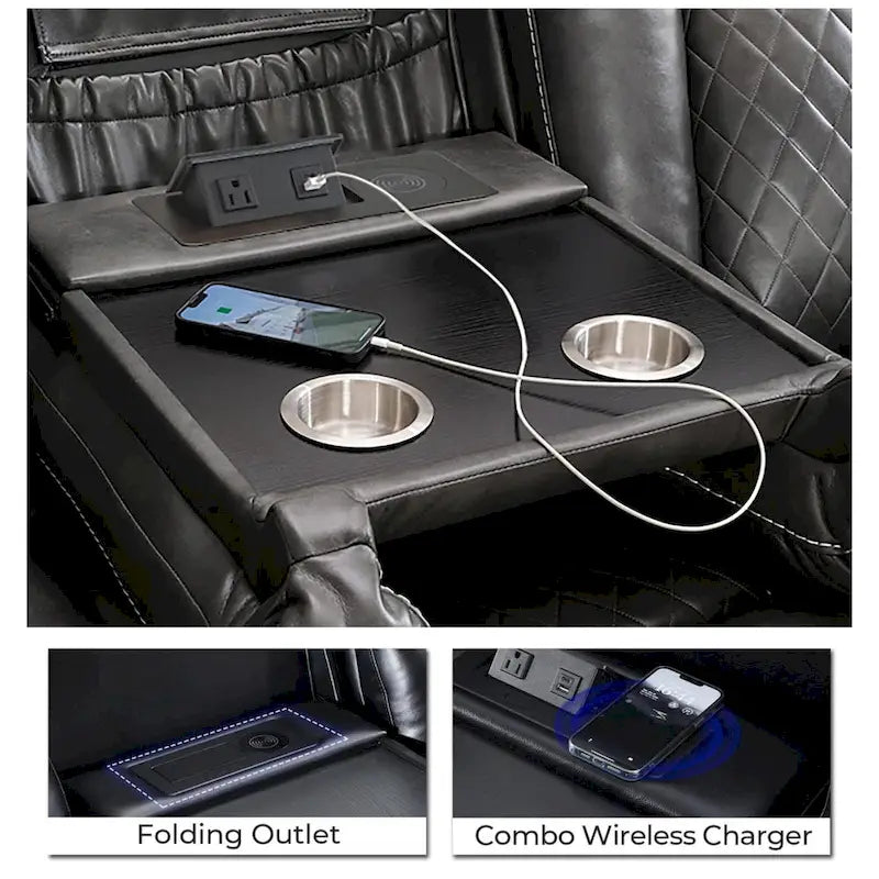 Black Power Reclining Sofa with Wireless Charger, Reading Light, Faux Leather, LED Lighting, AC/USB Ports, and Cup Holder for Living Room 12