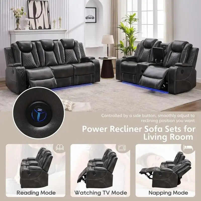 Black Power Reclining Sofa with Wireless Charger, Reading Light, Faux Leather, LED Lighting, AC/USB Ports, and Cup Holder for Living Room 14