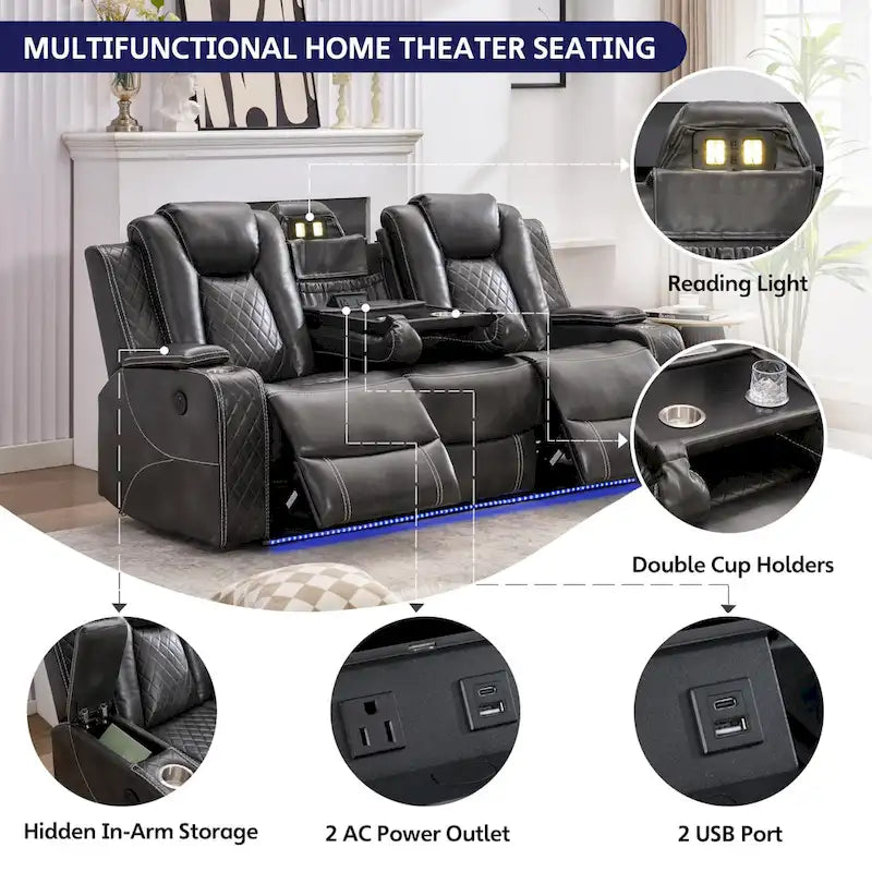 Black Power Reclining Sofa with Wireless Charger, Reading Light, Faux Leather, LED Lighting, AC/USB Ports, and Cup Holder for Living Room 16
