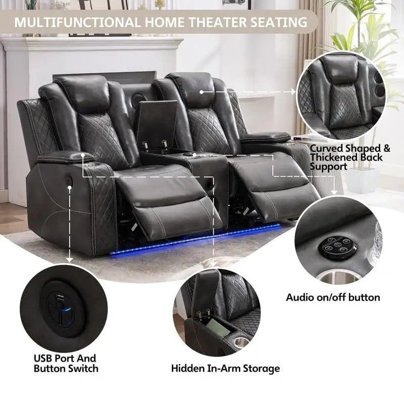 Black Power Reclining Sofa with Wireless Charger, Reading Light, Faux Leather, LED Lighting, AC/USB Ports, and Cup Holder for Living Room 17