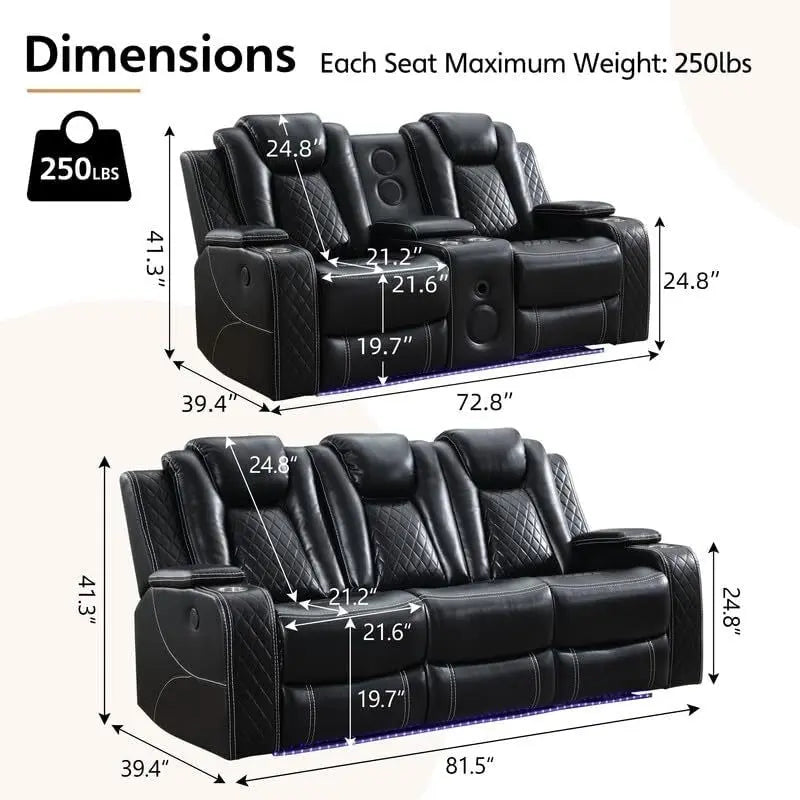 Black Power Reclining Sofa with Wireless Charger, Reading Light, Faux Leather, LED Lighting, AC/USB Ports, and Cup Holder for Living Room 19