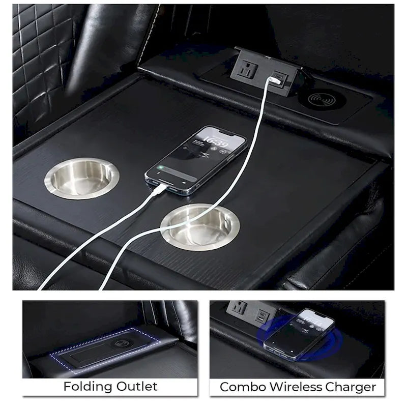 Black Power Reclining Sofa with Wireless Charger, Reading Light, Faux Leather, LED Lighting, AC/USB Ports, and Cup Holder for Living Room 20