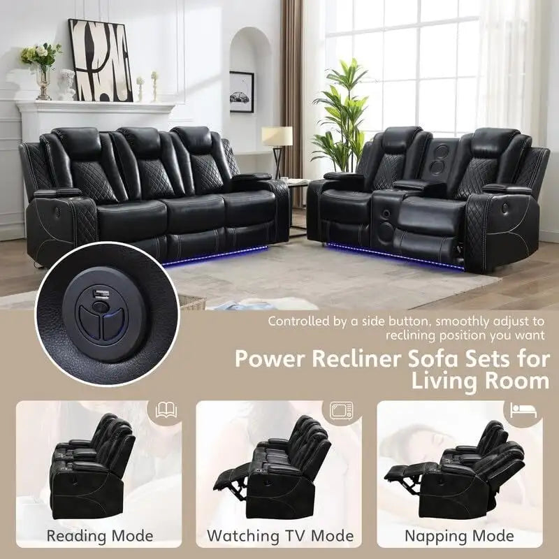 Black Power Reclining Sofa with Wireless Charger, Reading Light, Faux Leather, LED Lighting, AC/USB Ports, and Cup Holder for Living Room 22