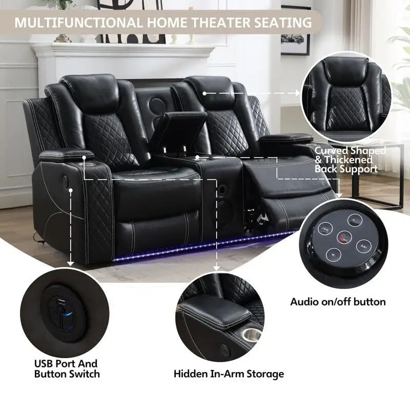 Black Power Reclining Sofa with Wireless Charger, Reading Light, Faux Leather, LED Lighting, AC/USB Ports, and Cup Holder for Living Room 24