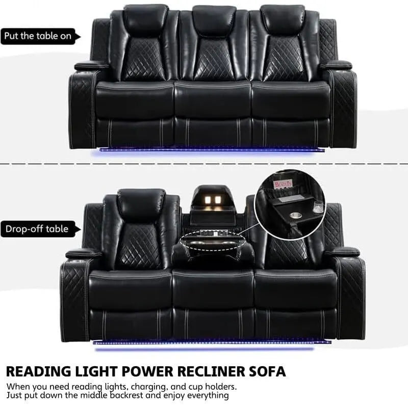 Black Power Reclining Sofa with Wireless Charger, Reading Light, Faux Leather, LED Lighting, AC/USB Ports, and Cup Holder for Living Room 26