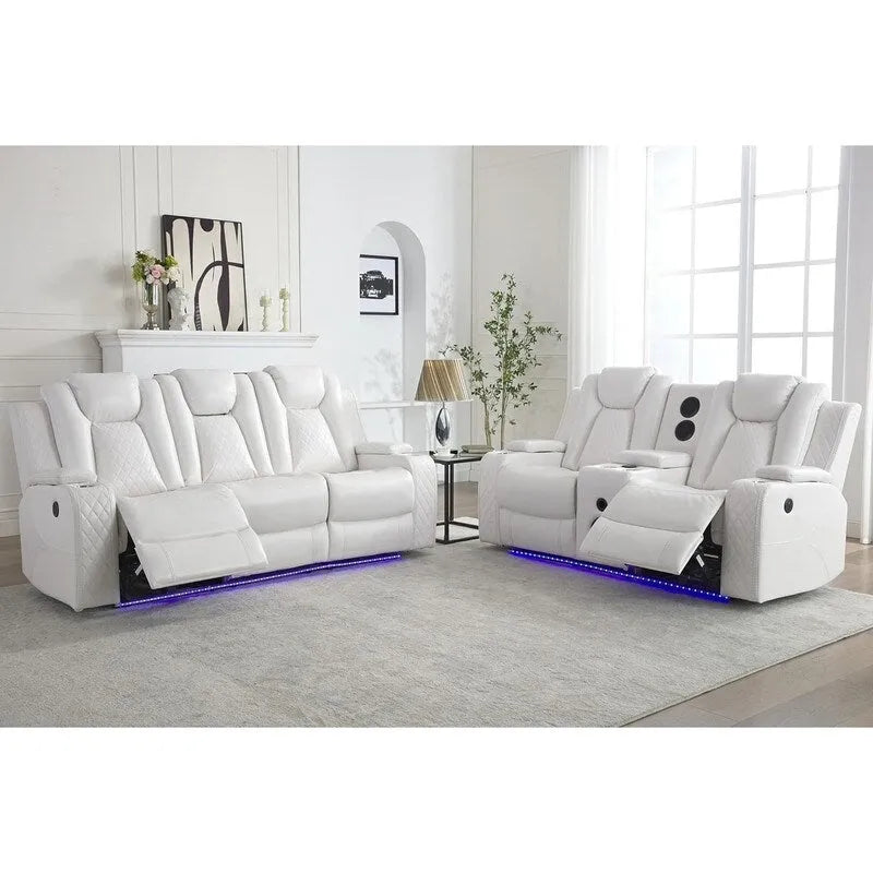 Black Power Reclining Sofa with Wireless Charger, Reading Light, Faux Leather, LED Lighting, AC/USB Ports, and Cup Holder for Living Room 27
