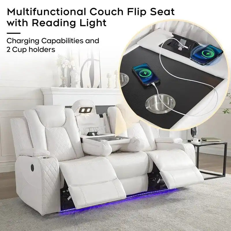 Black Power Reclining Sofa with Wireless Charger, Reading Light, Faux Leather, LED Lighting, AC/USB Ports, and Cup Holder for Living Room 31