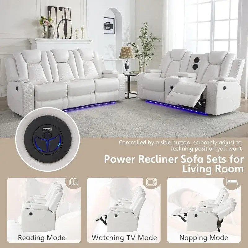 Black Power Reclining Sofa with Wireless Charger, Reading Light, Faux Leather, LED Lighting, AC/USB Ports, and Cup Holder for Living Room 33