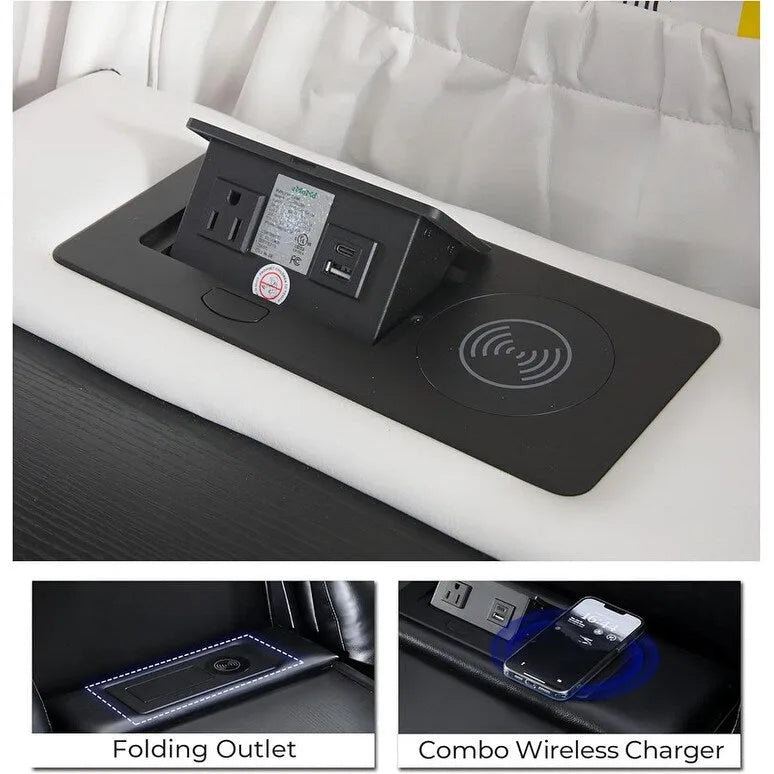 Black Power Reclining Sofa with Wireless Charger, Reading Light, Faux Leather, LED Lighting, AC/USB Ports, and Cup Holder for Living Room 34