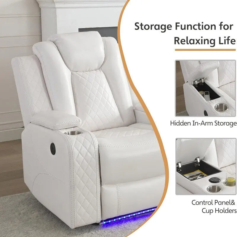 Black Power Reclining Sofa with Wireless Charger, Reading Light, Faux Leather, LED Lighting, AC/USB Ports, and Cup Holder for Living Room 35