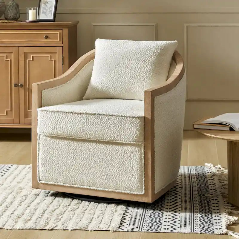 Oswald Jess Farmhouse Solid Wood Swivel Barrel Chair with Toss Pillows by HULALA HOME