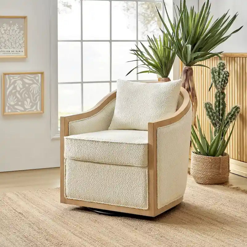 Oswald Jess Farmhouse Solid Wood Swivel Barrel Chair with Toss Pillows by HULALA HOME 3