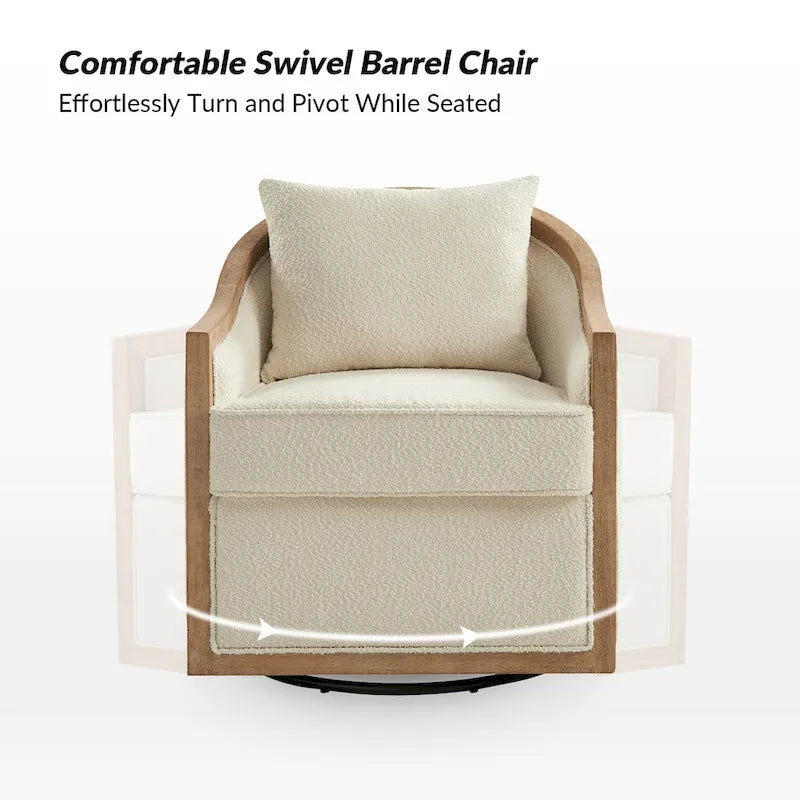 Oswald Jess Farmhouse Solid Wood Swivel Barrel Chair with Toss Pillows by HULALA HOME 5