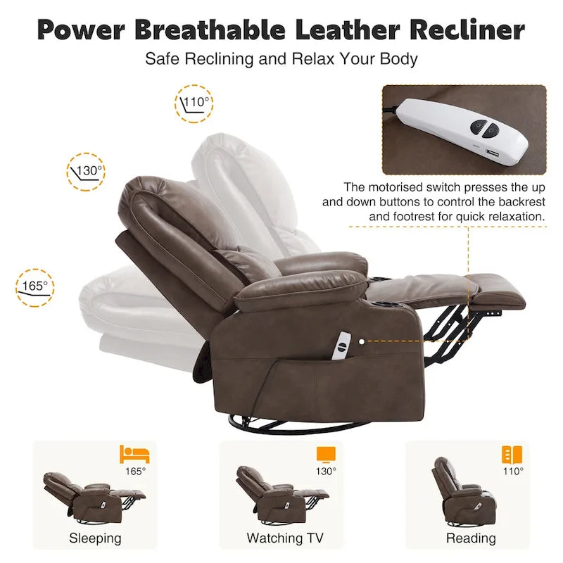 HOMYKA 34.2-Inch Wide Faux Leather Swivel Rocking Power Recliner Chair with USB Charging Port 8