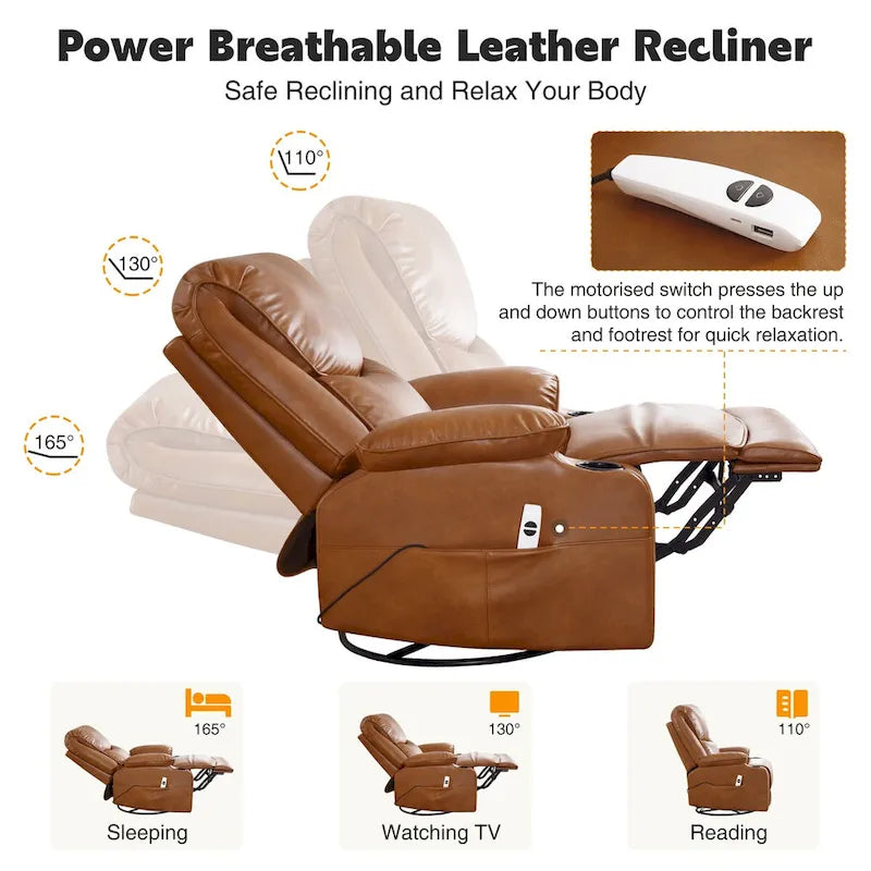 HOMYKA 34.2-Inch Wide Faux Leather Swivel Rocking Power Recliner Chair with USB Charging Port 14