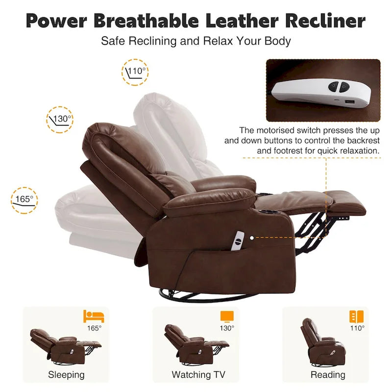 HOMYKA 34.2-Inch Wide Faux Leather Swivel Rocking Power Recliner Chair with USB Charging Port 21