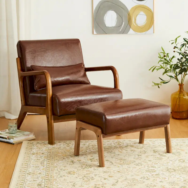 Glitzhome 30.75-Inch Mid-Century PU Leather Armchair and Ottoman Set 37