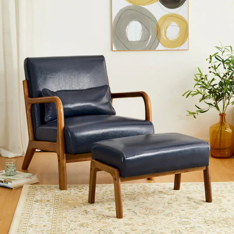 Glitzhome 30.75-Inch Mid-Century PU Leather Armchair and Ottoman Set 39