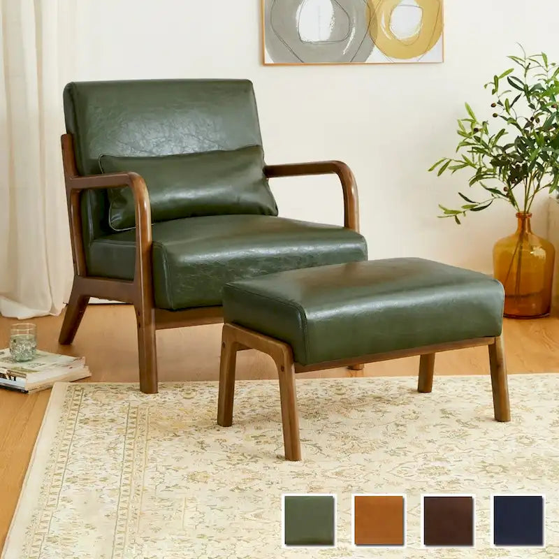 Glitzhome 30.75-Inch Mid-Century PU Leather Armchair and Ottoman Set 1