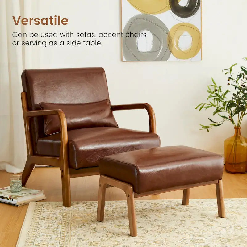 Glitzhome 30.75-Inch Mid-Century PU Leather Armchair and Ottoman Set 3