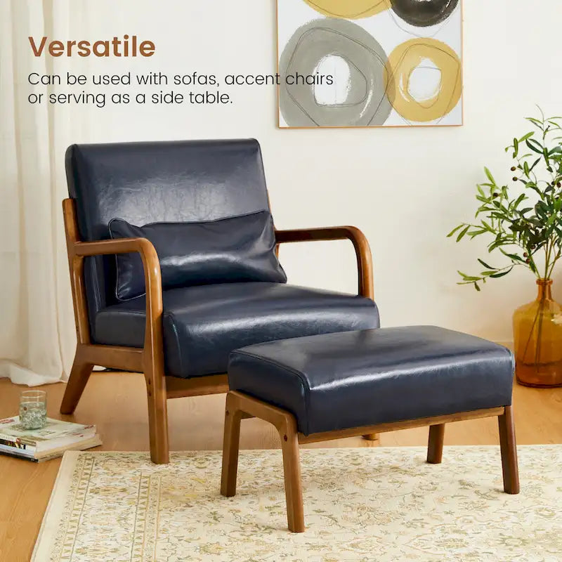 Glitzhome 30.75-Inch Mid-Century PU Leather Armchair and Ottoman Set 4