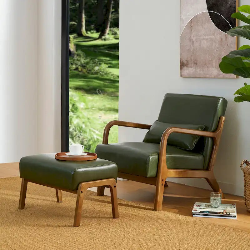 Glitzhome 30.75-Inch Mid-Century PU Leather Armchair and Ottoman Set 5