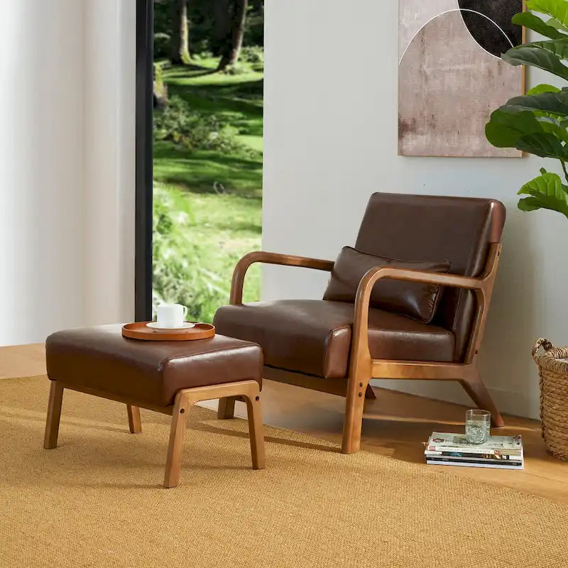 Glitzhome 30.75-Inch Mid-Century PU Leather Armchair and Ottoman Set 6