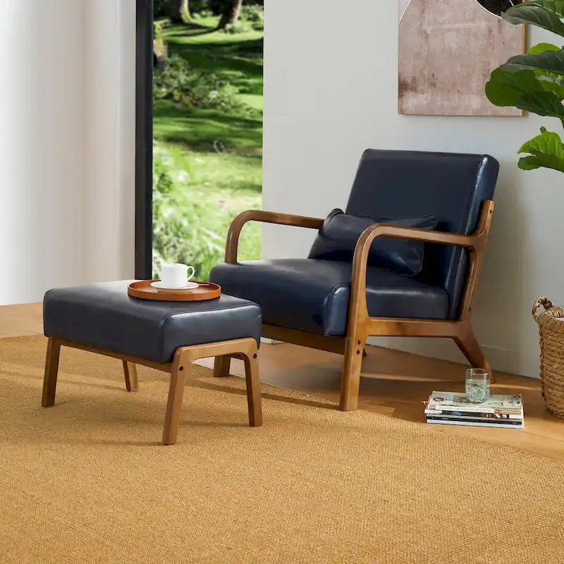 Glitzhome 30.75-Inch Mid-Century PU Leather Armchair and Ottoman Set 7