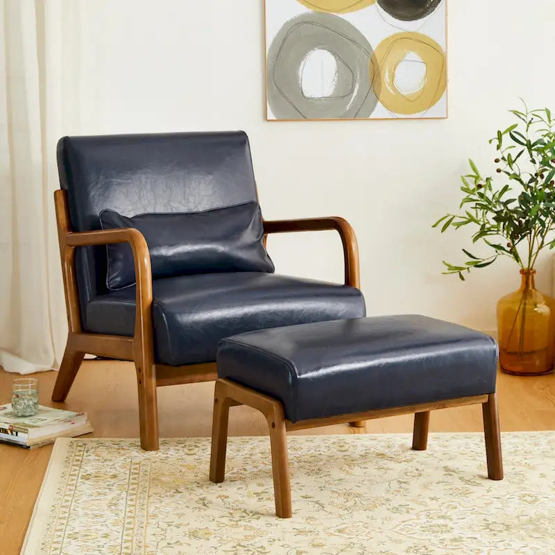 Glitzhome 30.75-Inch Mid-Century PU Leather Armchair and Ottoman Set 11