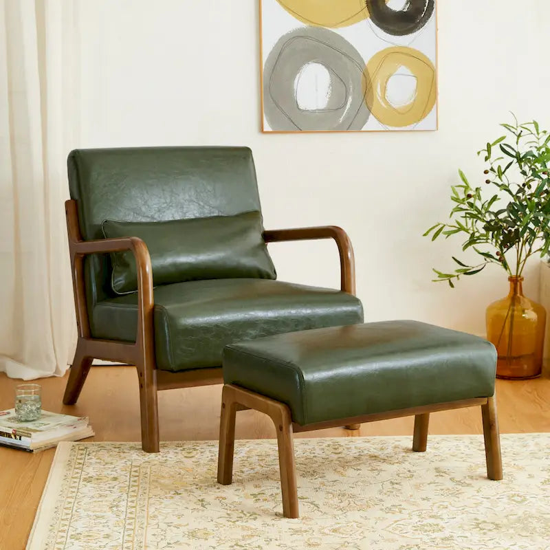 Glitzhome 30.75-Inch Mid-Century PU Leather Armchair and Ottoman Set 27